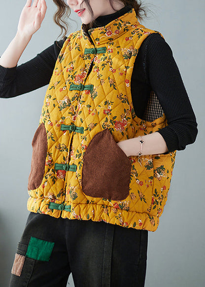 Women Yellow Chinese Button Print Pockets Cotton Filled Waistcoat Spring