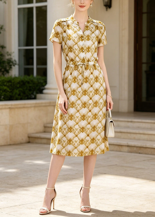 Women Yellow Cinched Print Silk Dress Summer
