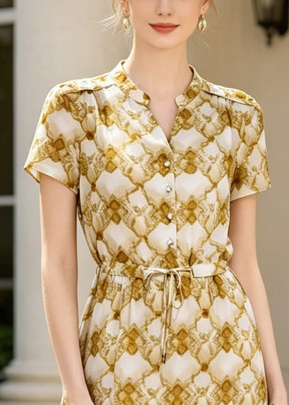 Women Yellow Cinched Print Silk Dress Summer
