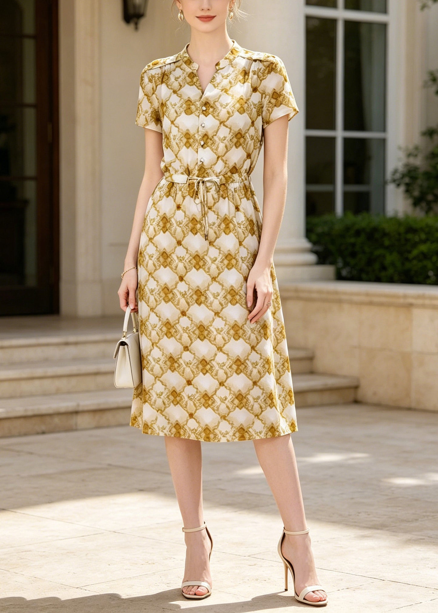 Women Yellow Cinched Print Silk Dress Summer
