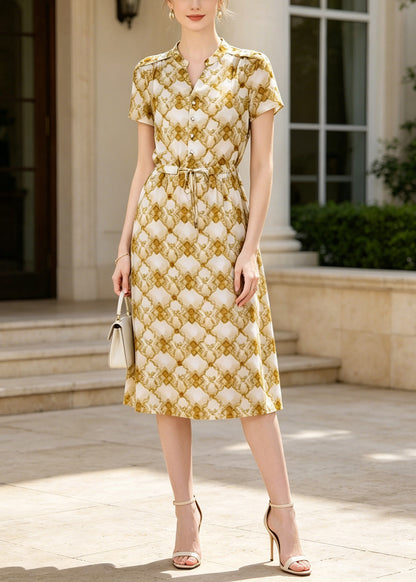Women Yellow Cinched Print Silk Dress Summer