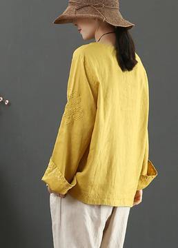 Women Yellow Clothes V Neck Embroidery Dresses Spring Blouse - SooLinen