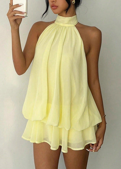 Women Yellow Cold Shoulder Chiffon Tea Dress Summer
