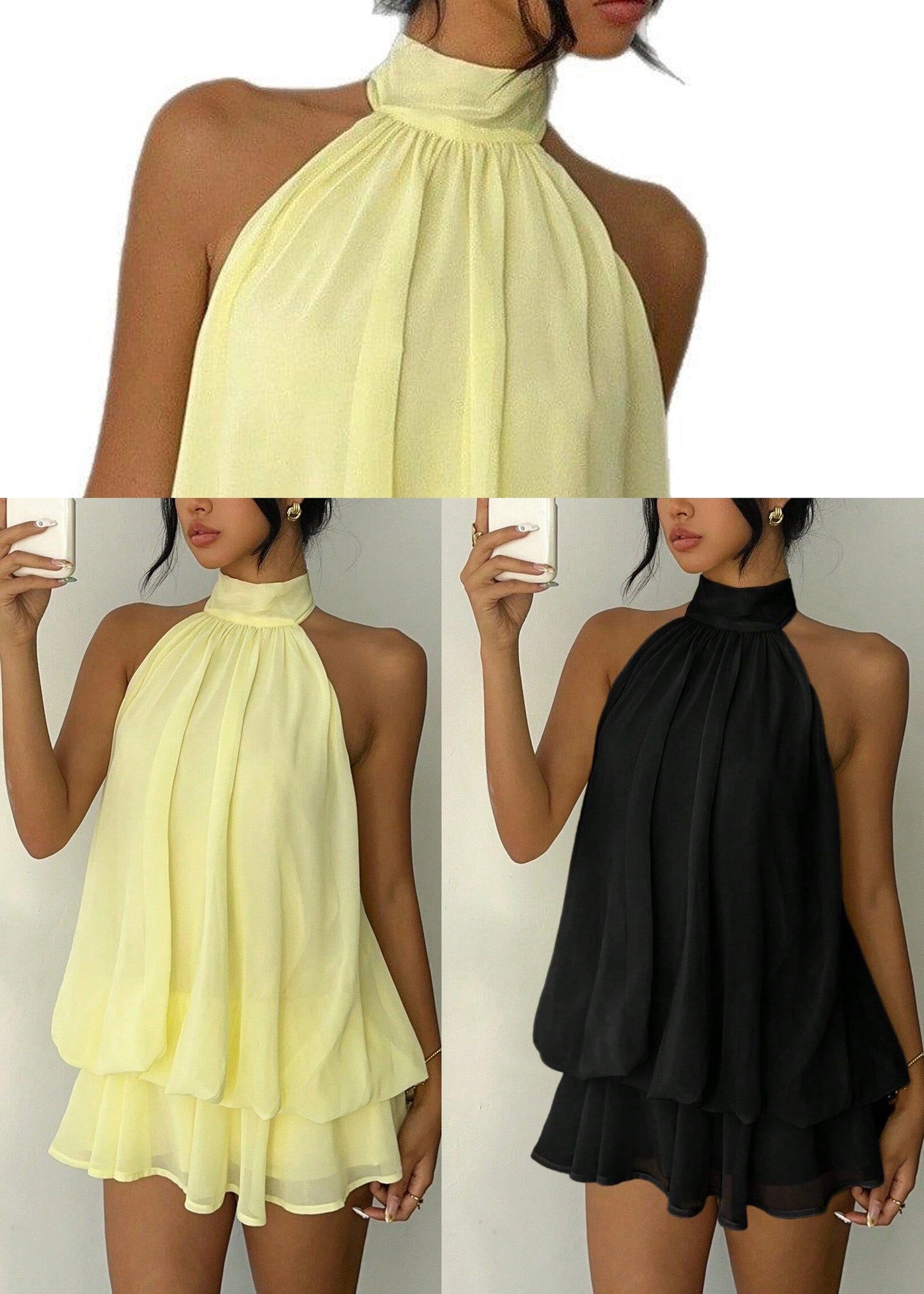 Women Yellow Cold Shoulder Chiffon Tea Dress Summer