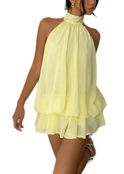Women Yellow Cold Shoulder Chiffon Tea Dress Summer