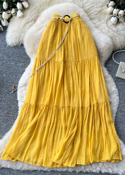 Women Yellow Elastic Waist Patchwork Cotton Skirts Summer