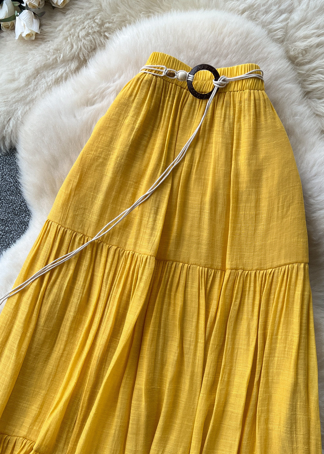 Women Yellow Elastic Waist Patchwork Cotton Skirts Summer