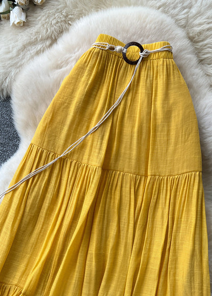 Women Yellow Elastic Waist Patchwork Cotton Skirts Summer