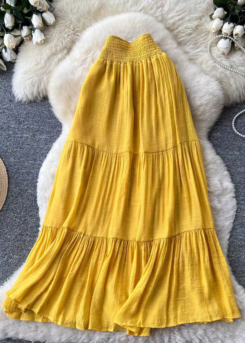 Women Yellow Elastic Waist Patchwork Cotton Skirts Summer