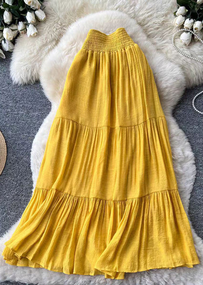Women Yellow Elastic Waist Patchwork Cotton Skirts Summer