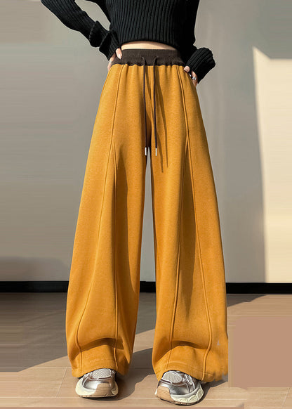 Women Yellow Elastic Waist Patchwork Warm Fleece Pants Winter