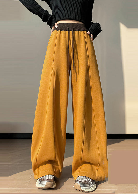 Women Yellow Elastic Waist Patchwork Warm Fleece Pants Winter
