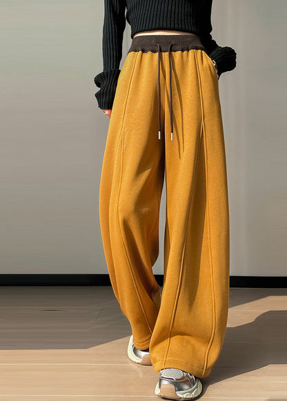 Women Yellow Elastic Waist Patchwork Warm Fleece Pants Winter