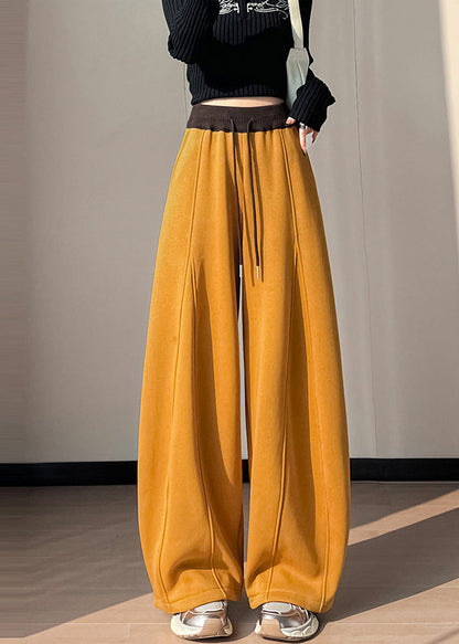 Women Yellow Elastic Waist Patchwork Warm Fleece Pants Winter