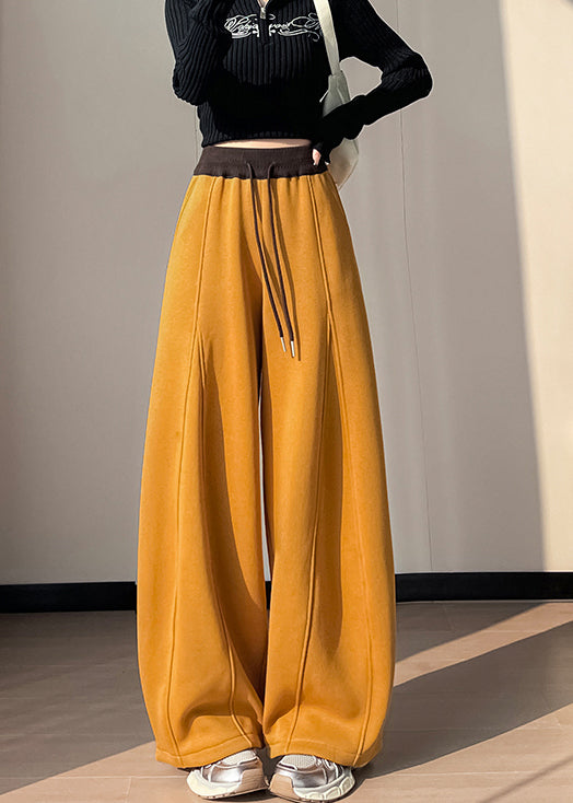 Women Yellow Elastic Waist Patchwork Warm Fleece Pants Winter