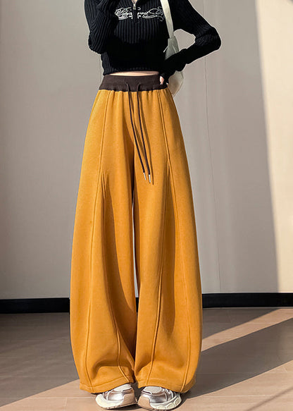 Women Yellow Elastic Waist Patchwork Warm Fleece Pants Winter
