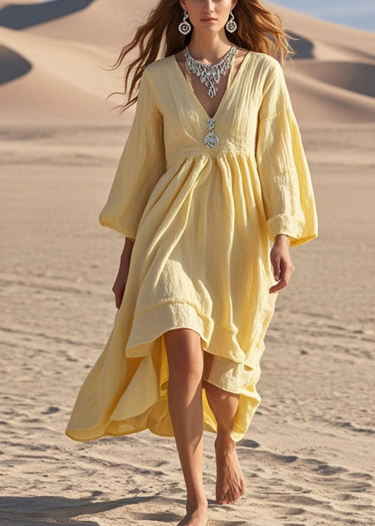 Women Yellow Exra Large Hem Cotton Holiday Dress Spring