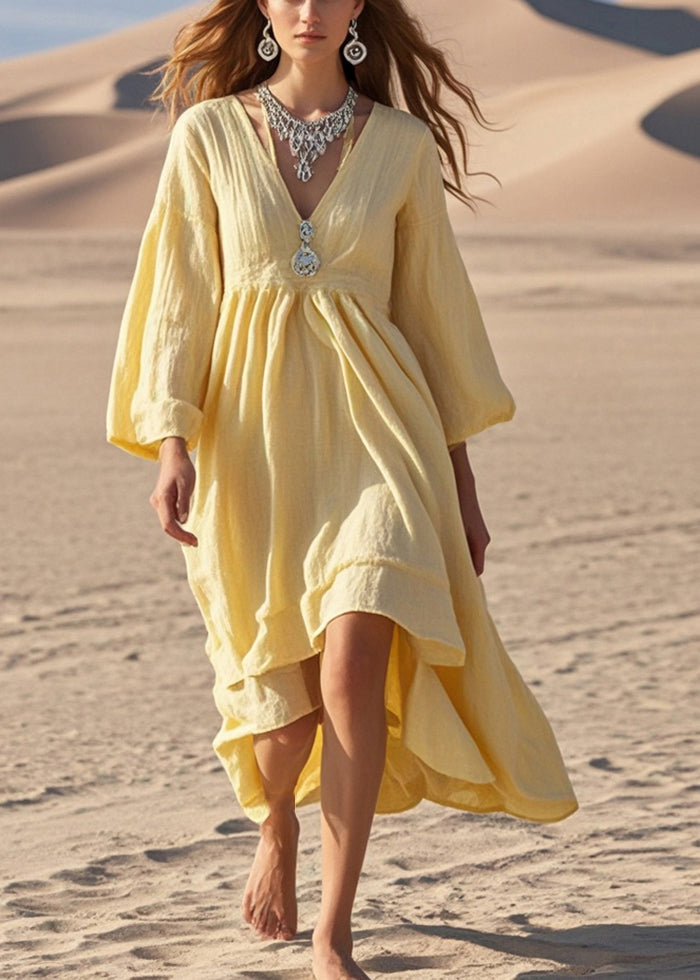 Women Yellow Exra Large Hem Cotton Holiday Dress Spring