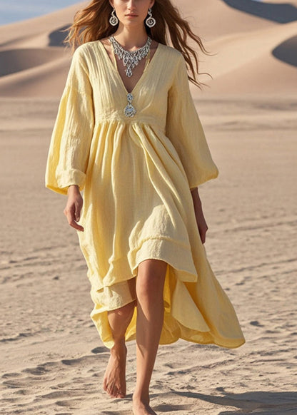 Women Yellow Exra Large Hem Cotton Holiday Dress Spring