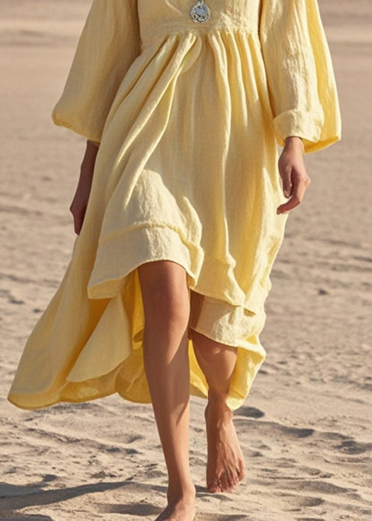 Women Yellow Exra Large Hem Cotton Holiday Dress Spring