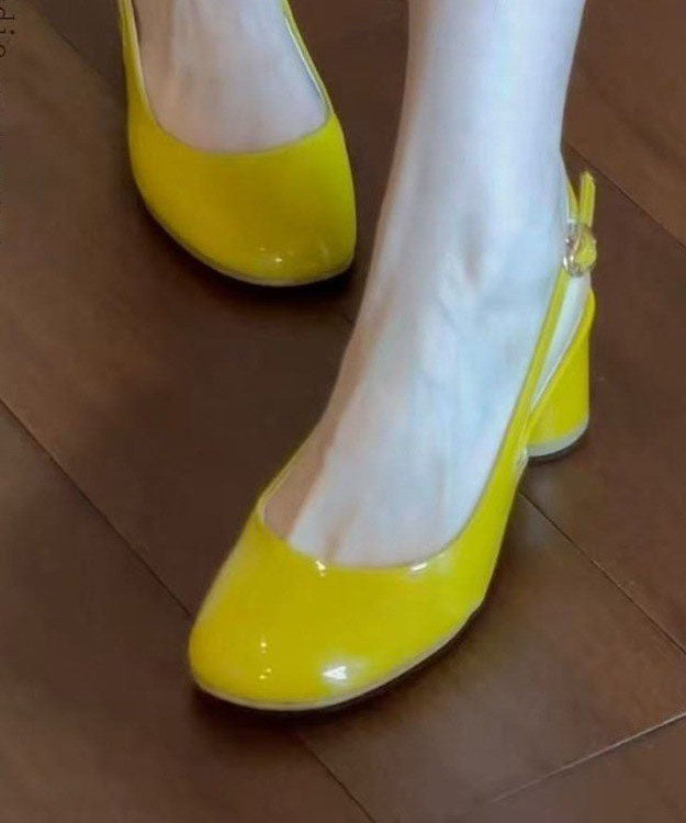 Women Yellow Faux Leather Splicing Chunky Sandals