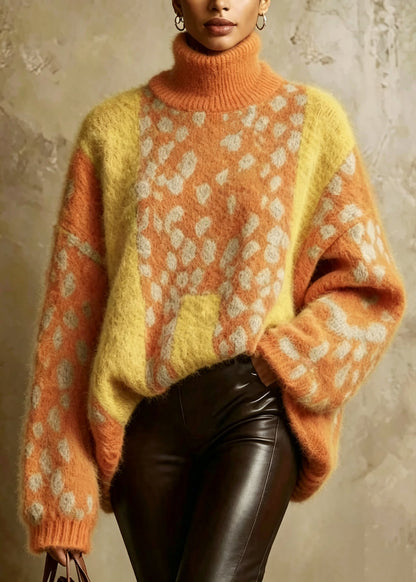 Women Yellow Hign Neck Print Thick Knit Sweaters Tops Fall