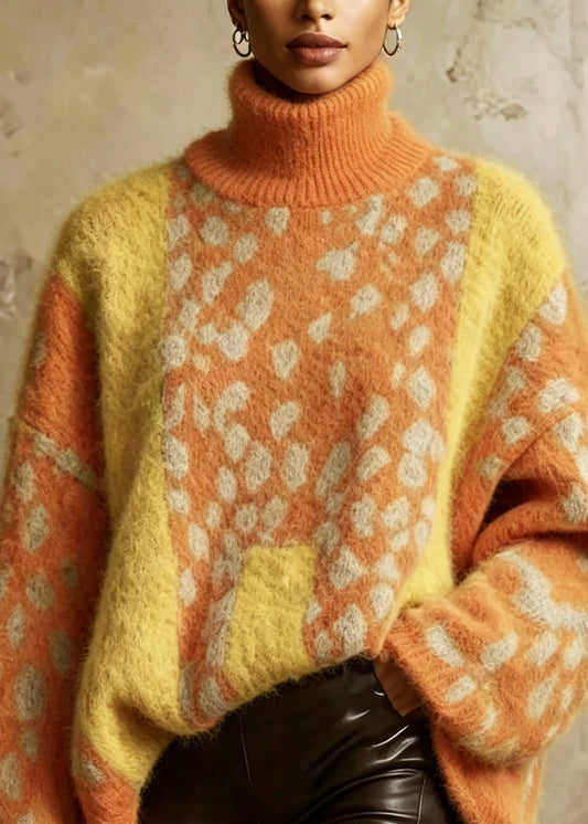 Women Yellow Hign Neck Print Thick Knit Sweaters Tops Fall