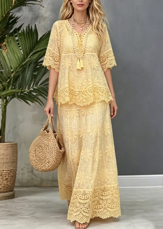 Women Yellow Hollow Out Patchwork Lace Two Pieces Set Summer