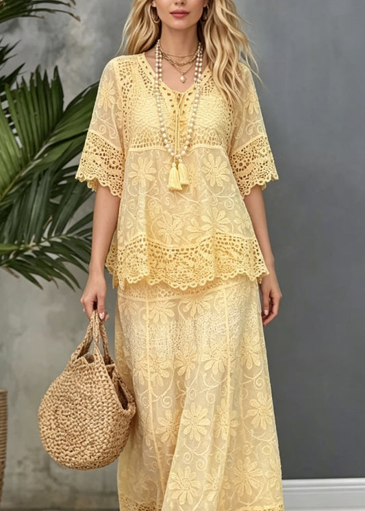 Women Yellow Hollow Out Patchwork Lace Two Pieces Set Summer