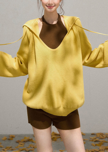 Women Yellow Hooded Knit Pullover Sweatshirt Fall