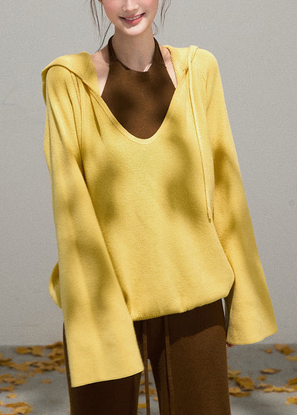 Women Yellow Hooded Knit Pullover Sweatshirt Fall