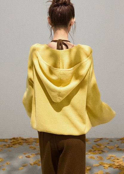 Women Yellow Hooded Knit Pullover Sweatshirt Fall
