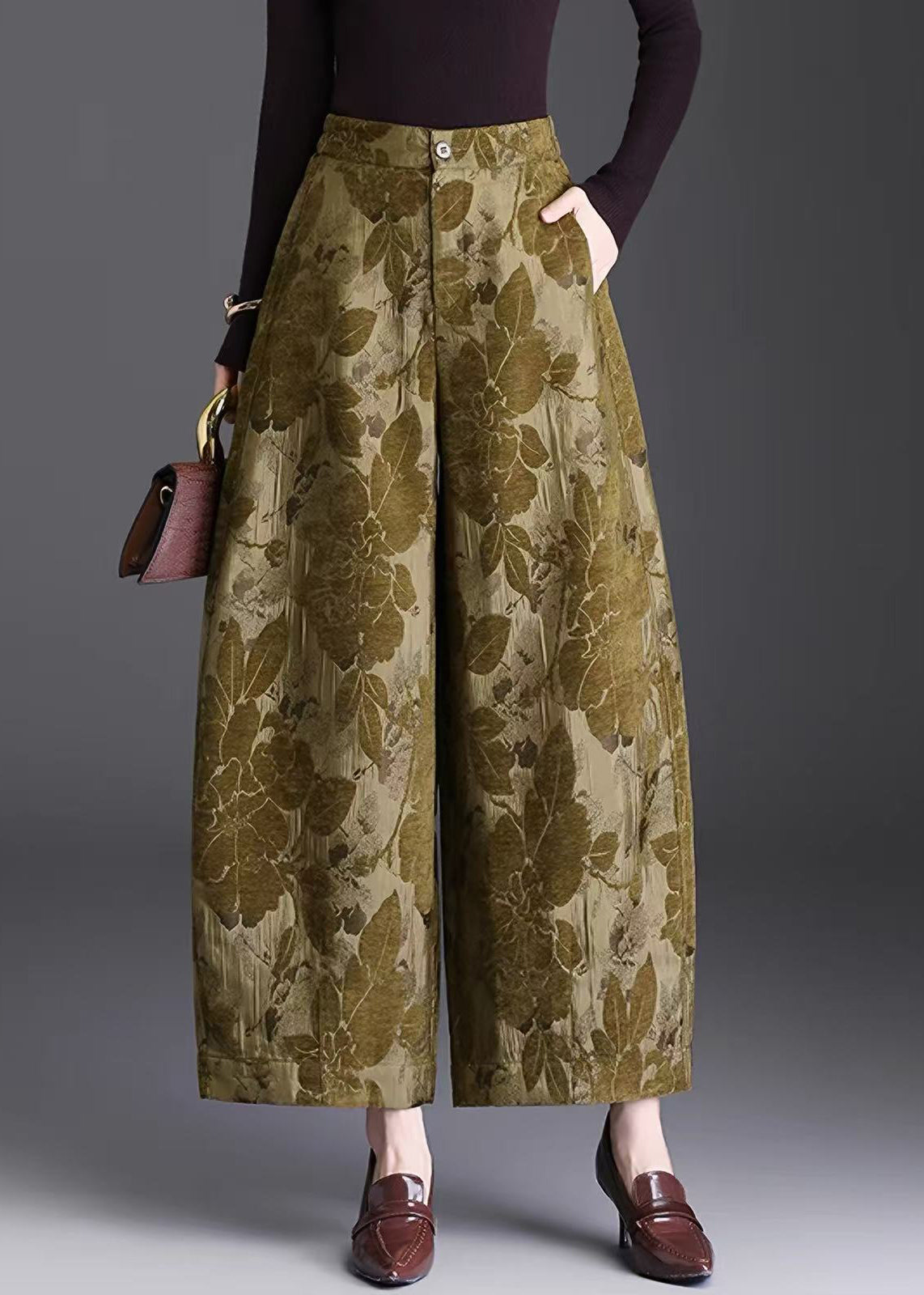 Women Yellow Jacquard Draping High Waist Wide Leg Crop Pants Fall