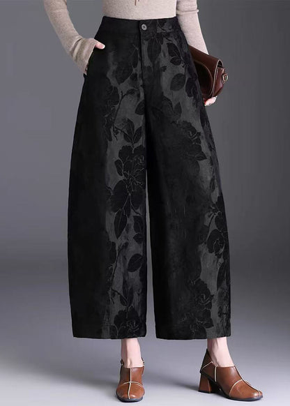 Women Yellow Jacquard Draping High Waist Wide Leg Crop Pants Fall