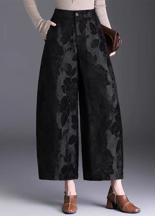 Women Yellow Jacquard Draping High Waist Wide Leg Crop Pants Fall