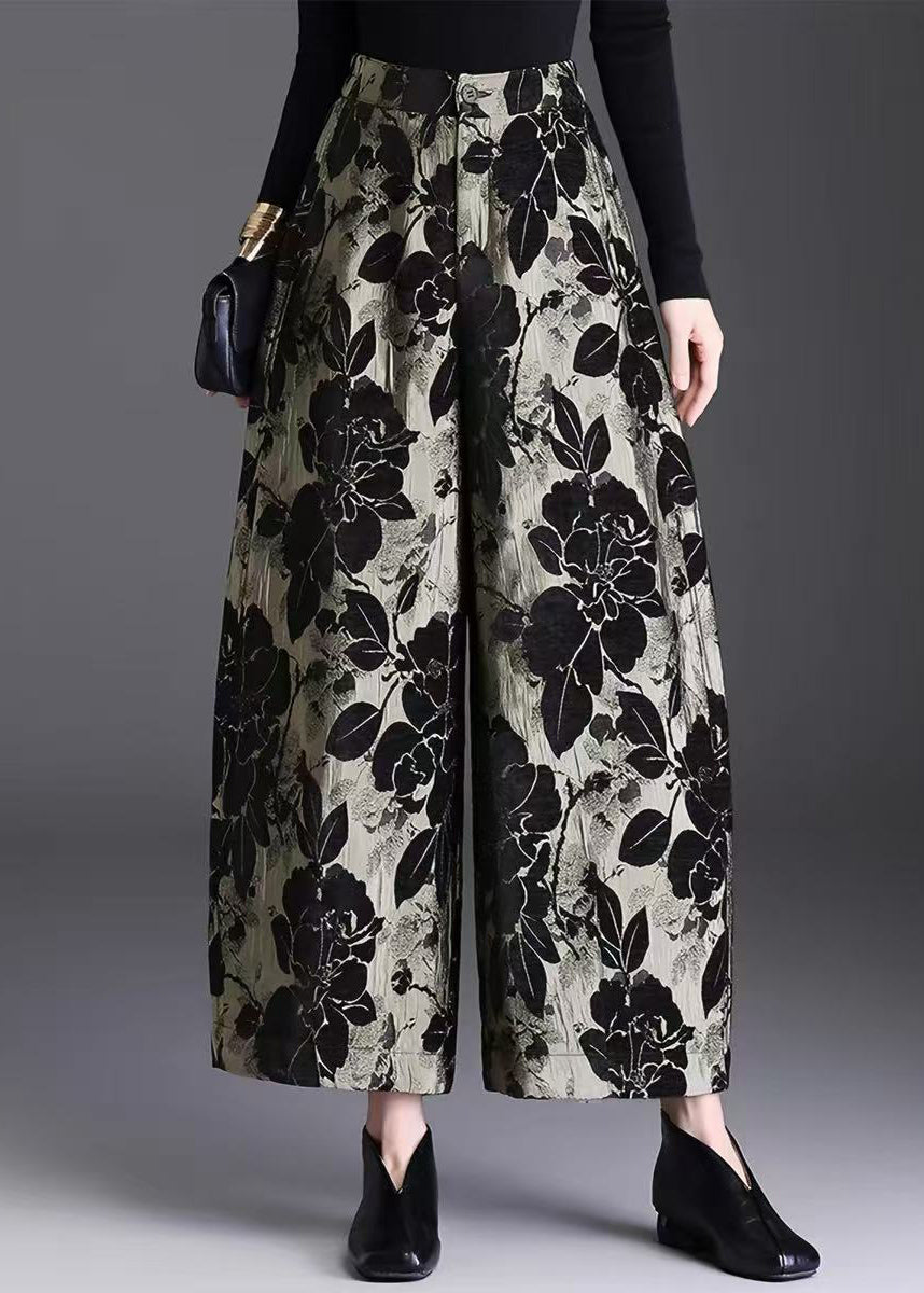 Women Yellow Jacquard Draping High Waist Wide Leg Crop Pants Fall