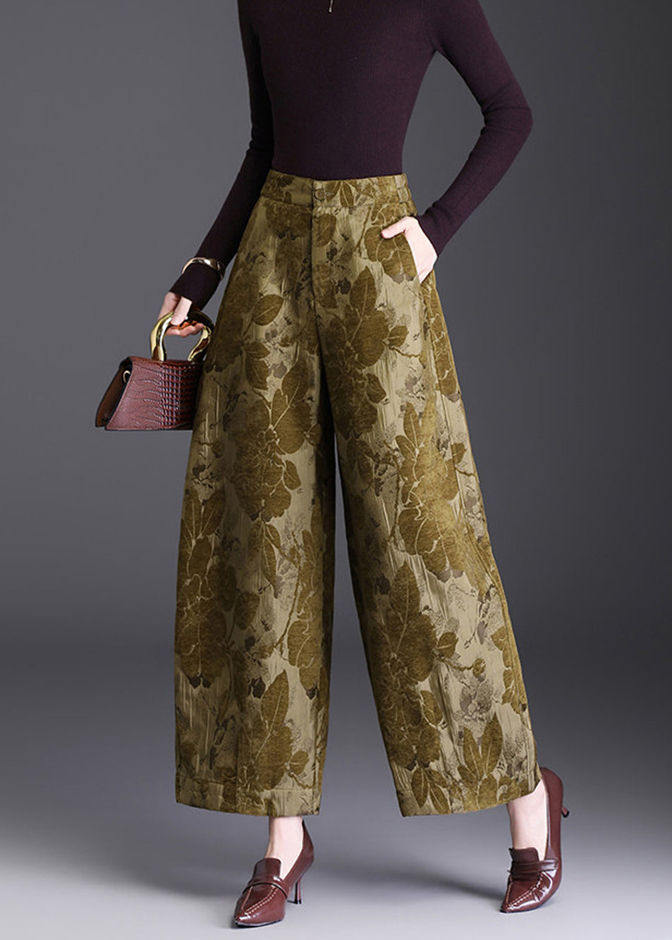 Women Yellow Jacquard Draping High Waist Wide Leg Crop Pants Fall