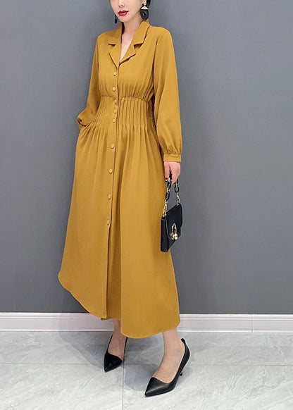 Women Yellow Notched Elastic Waist Wrinkled Spandex Long Dress Spring