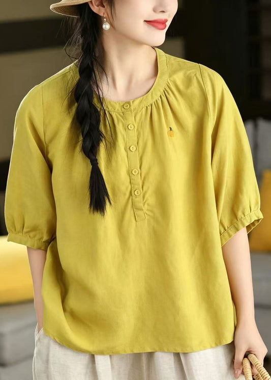 Women Yellow O-Neck Embroidered Cotton Shirt Top Summer