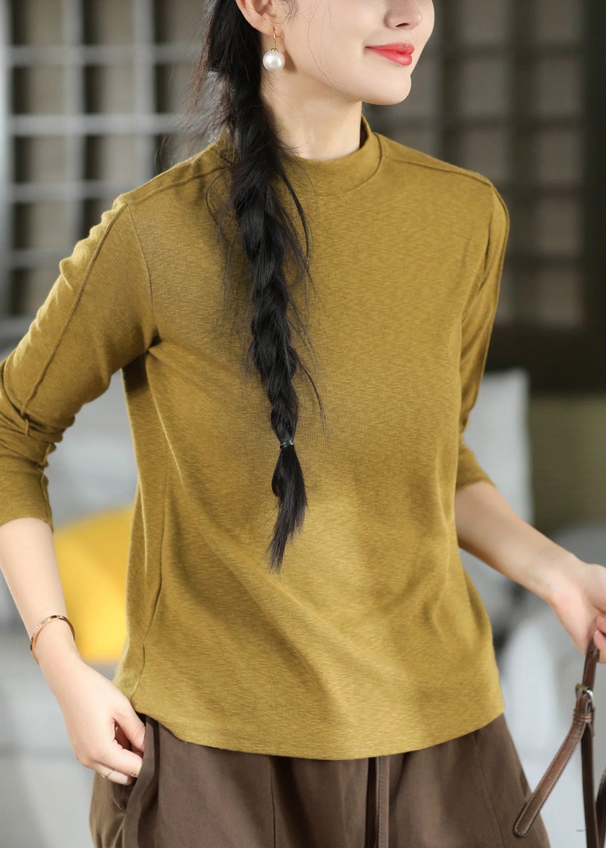 Women Yellow O Neck Patchwork Cashmere T Shirt Top Fall