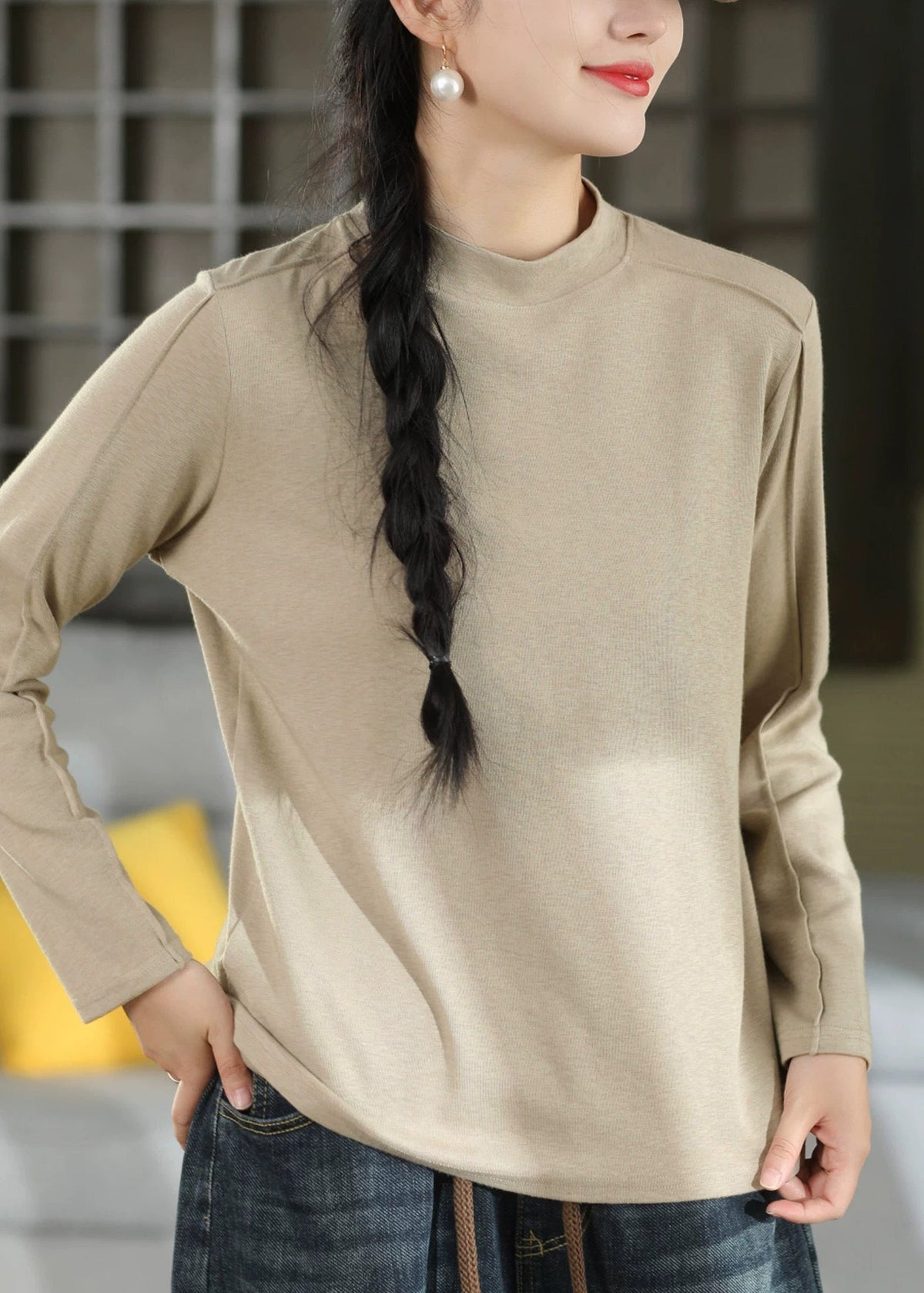 Women Yellow O Neck Patchwork Cashmere T Shirt Top Fall