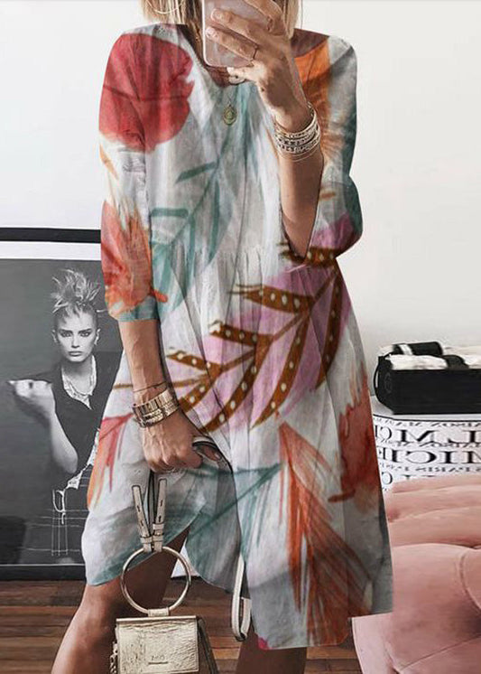 Women Yellow O Neck Print Cotton Mid Dress Summer