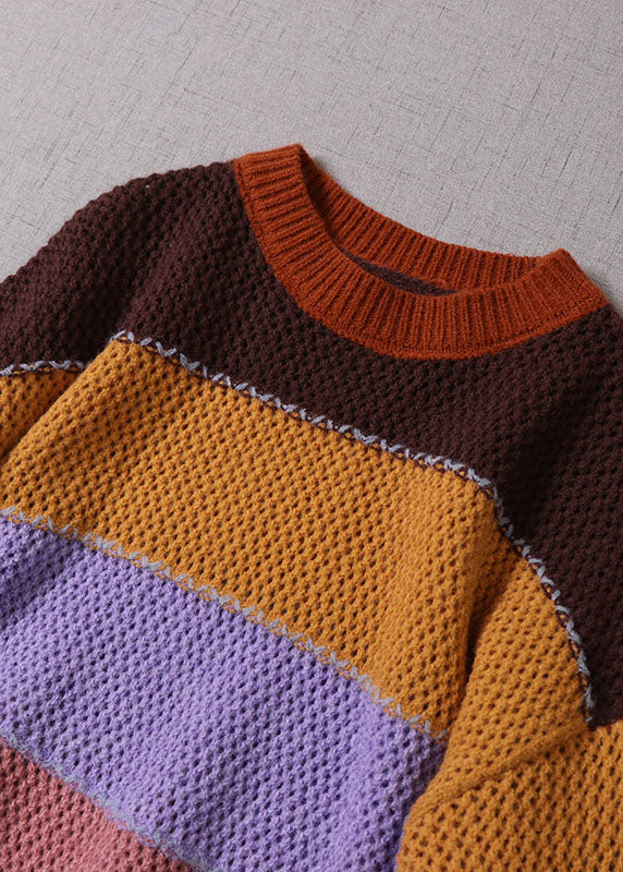 Women Yellow O-Neck Striped Knit Pullover Spring