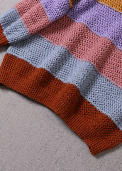 Women Yellow O-Neck Striped Knit Pullover Spring