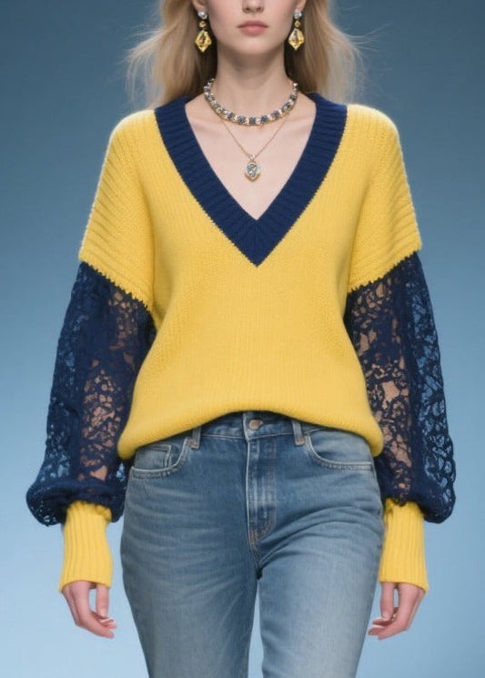 Women Yellow Oversized Patchwork Lace Sweaters Fall