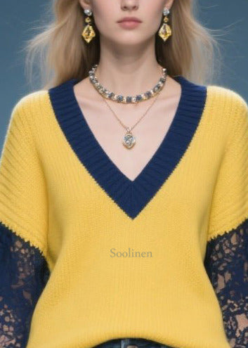 Women Yellow Oversized Patchwork Lace Sweaters Fall