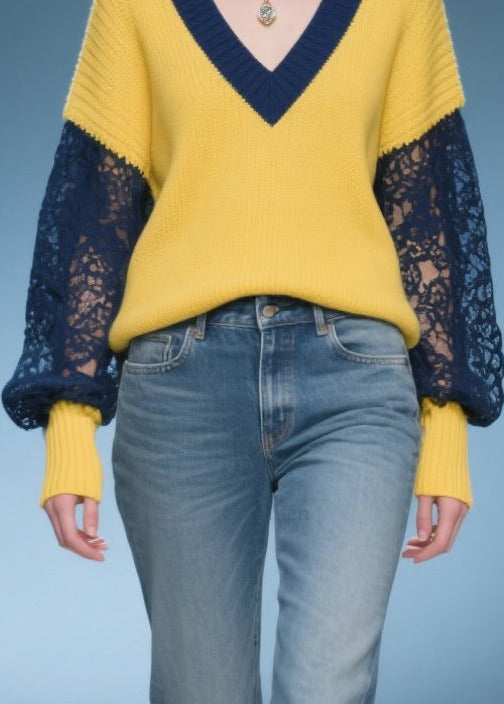 Women Yellow Oversized Patchwork Lace Sweaters Fall