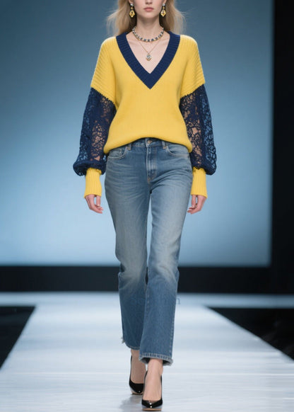 Women Yellow Oversized Patchwork Lace Sweaters Fall