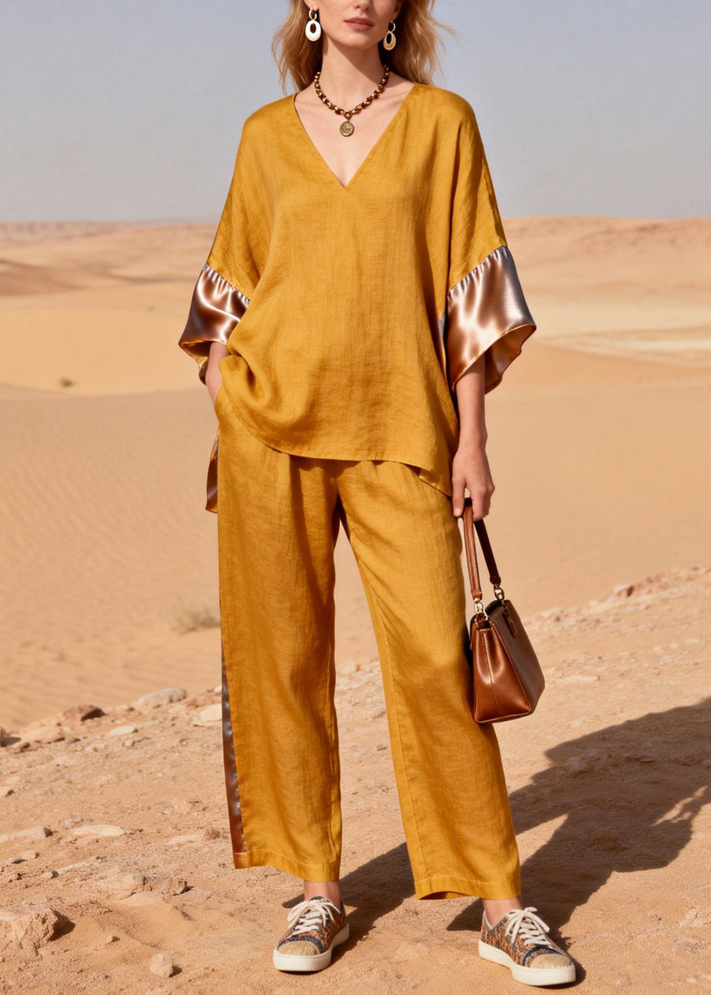 Women Yellow Oversized Patchwork Linen Silk Two Pieces Set Summer