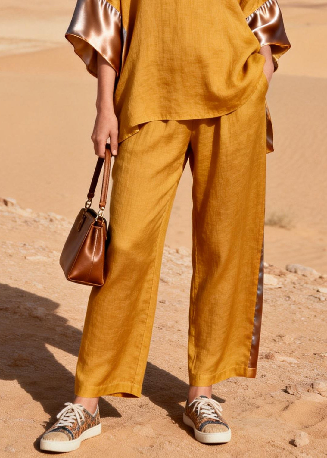 Women Yellow Oversized Patchwork Linen Silk Two Pieces Set Summer
